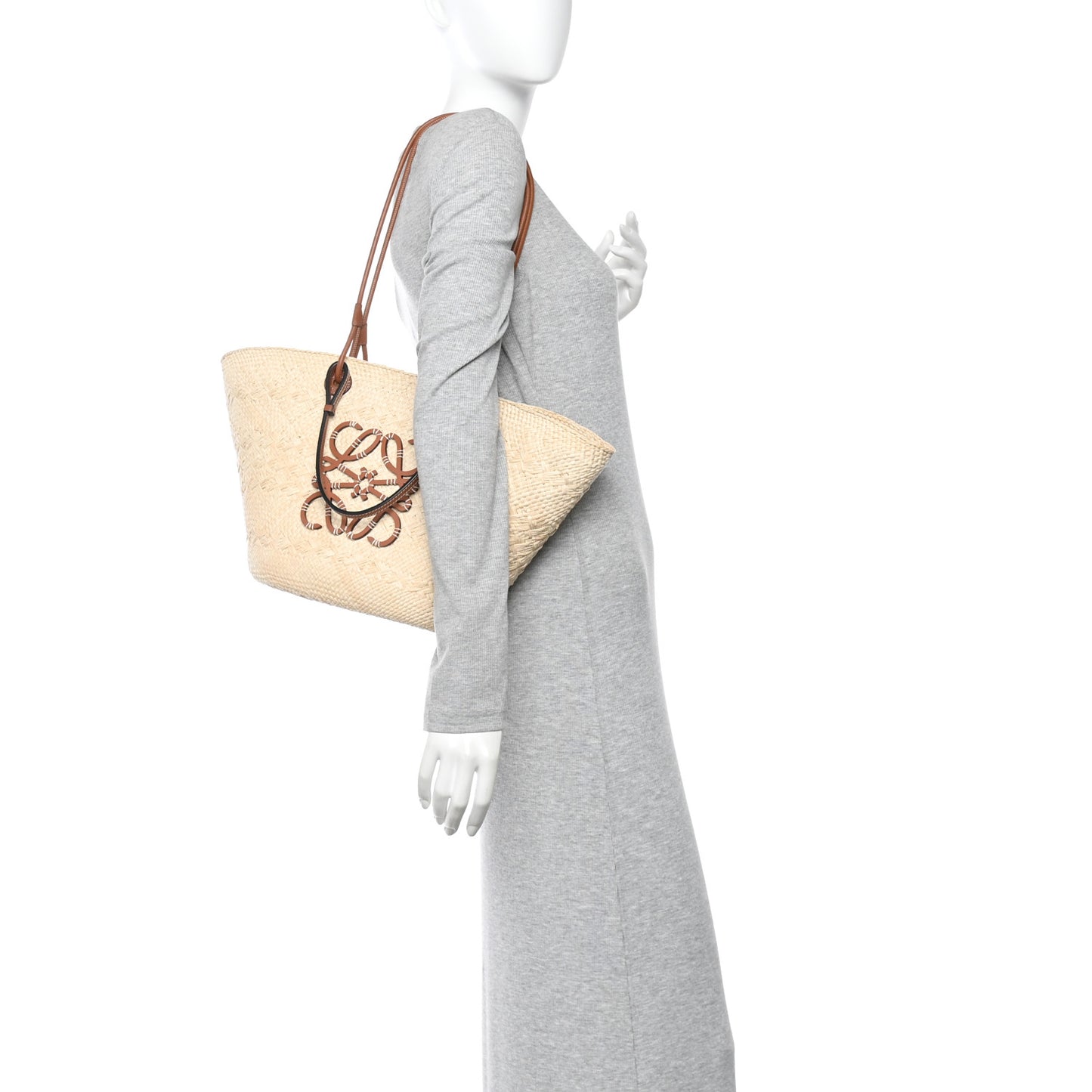 Calfskin Raffia Small Anagram Basket Tote Bag Natural Tan