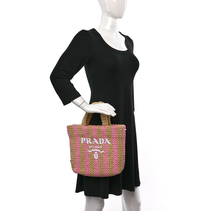 Prada Yarn Raffia Effect Crochet Striped Small Logo Tote Naturale Petalo 2 of 8