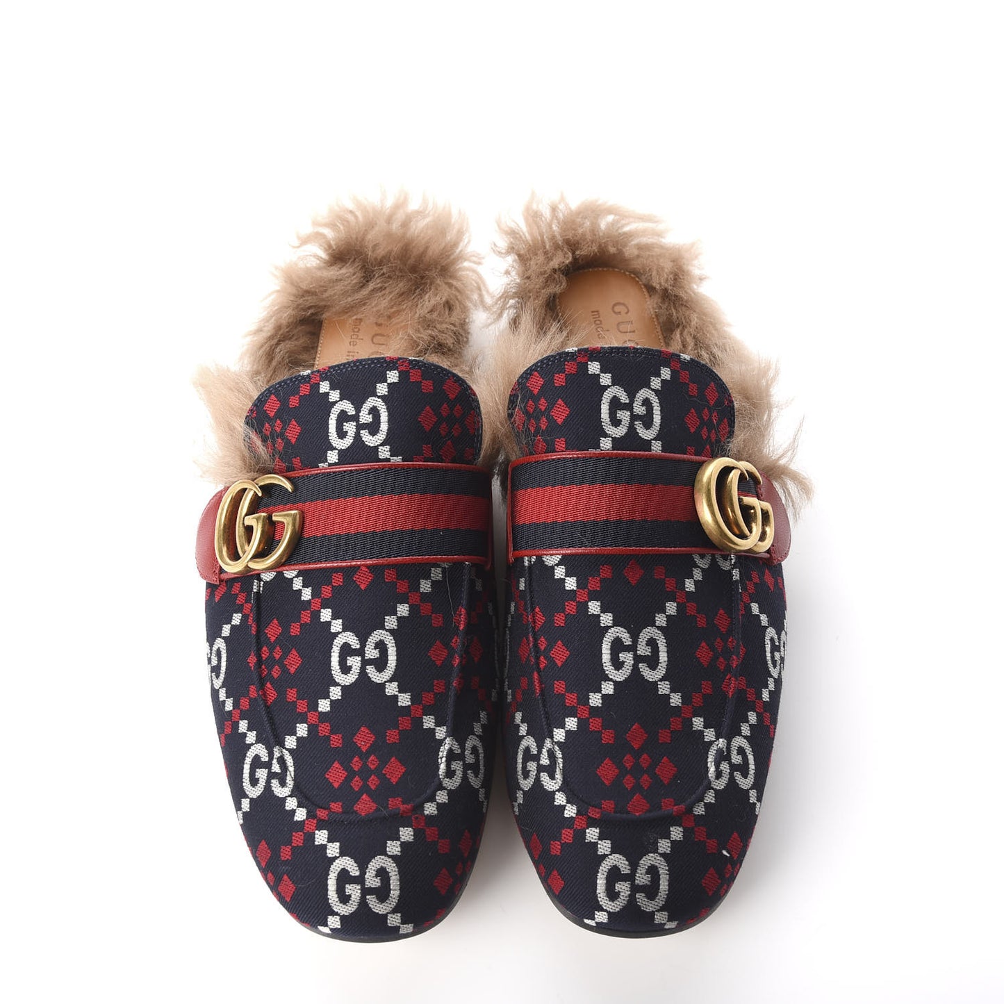 Canvas GG Monogram Diamond Fur Web GG Mens Princetown Slippers 6 Midnight Blue Hibiscus Red