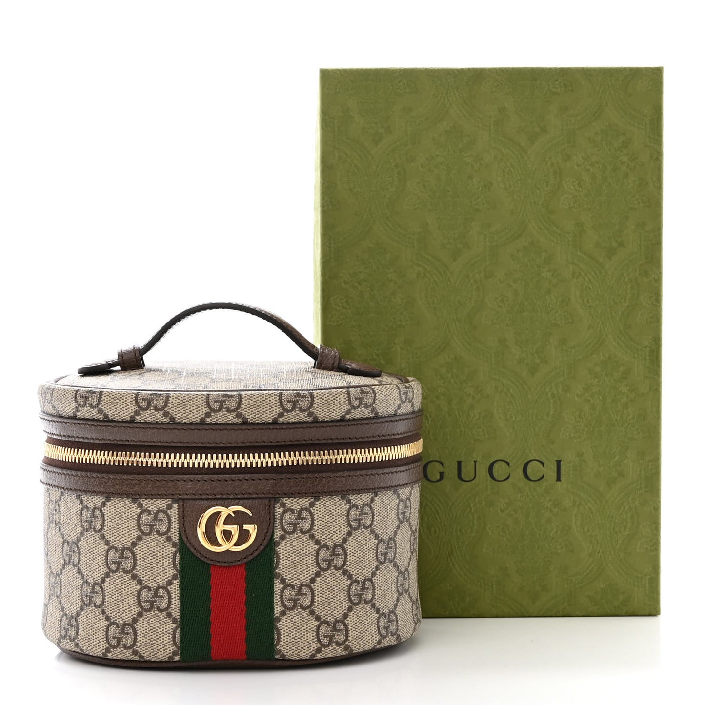 GG Supreme Monogram Textured Calfskin Web Ophidia Vanity Cosmetic Case Beige Ebony New Acero