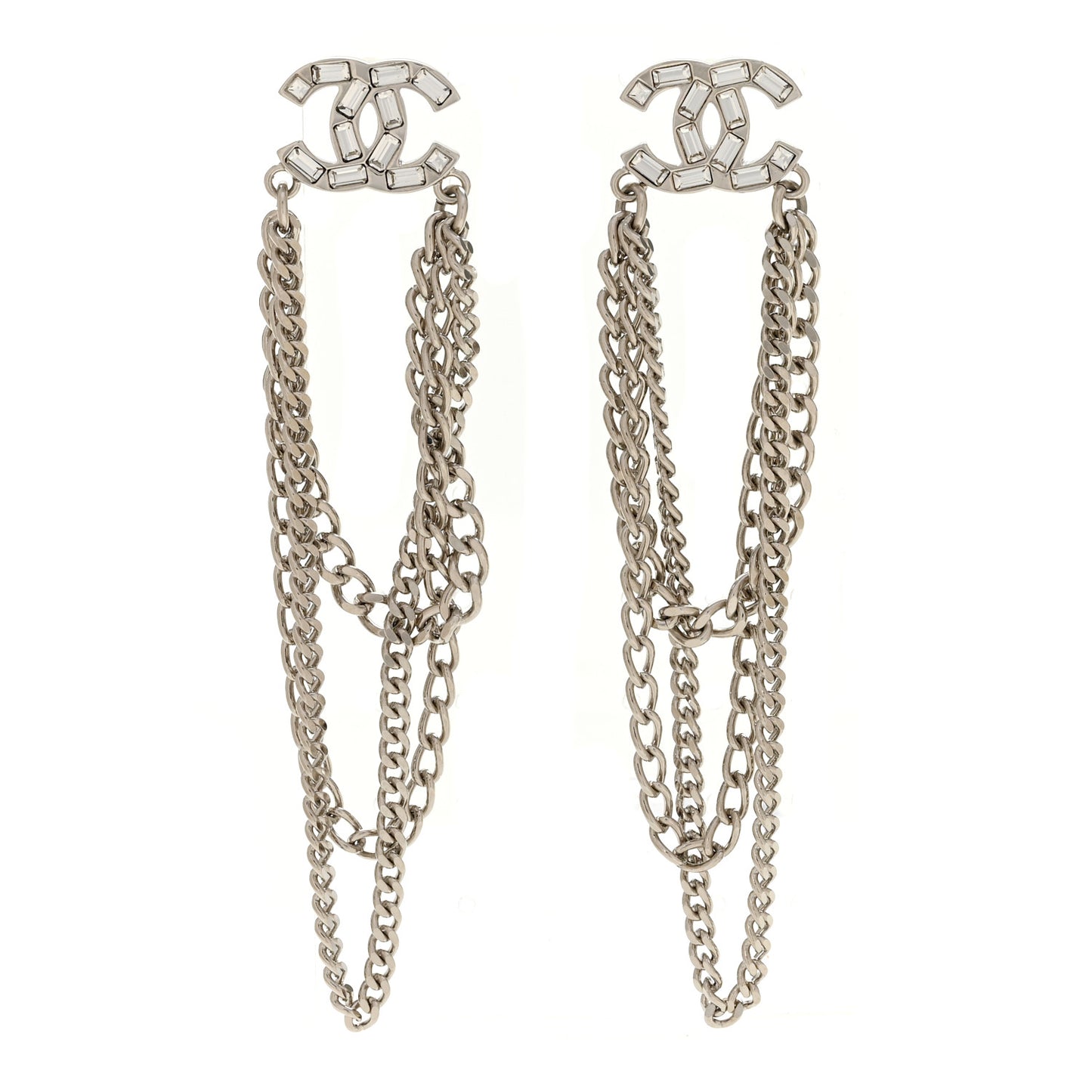 Crystal Baguette CC Chain Drop Earrings Silver