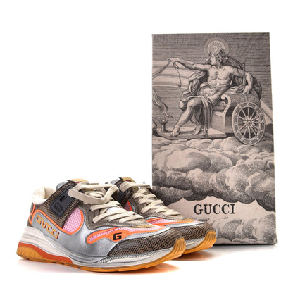 Gucci Calfskin Suede Mesh Lizard Embossed Womens Ultrapace Sneakers 35 Silver Anthracite Neon Orange 4 of 11