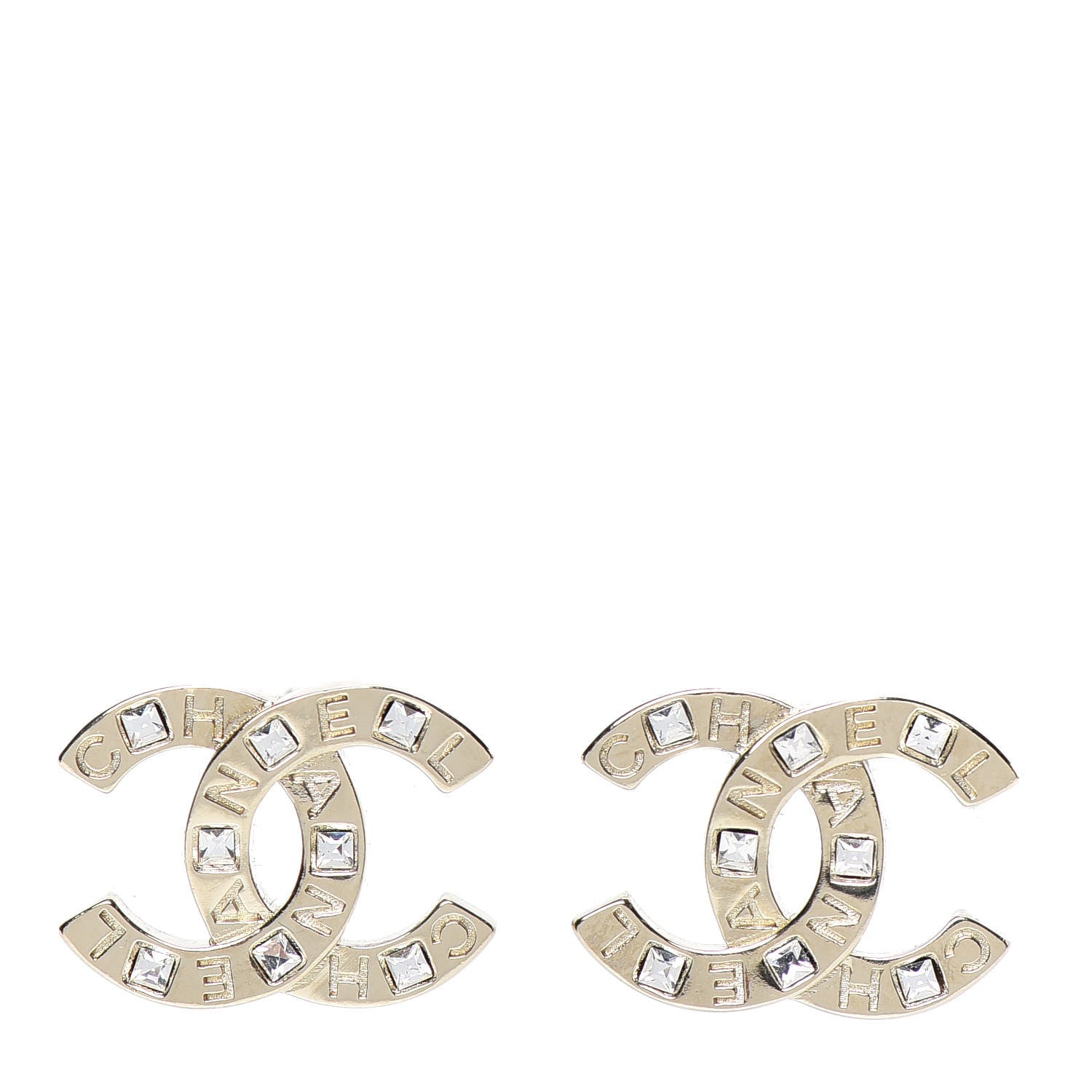 Chanel Crystal Metal CC Paris Button Stud Earrings Gold 1 of 5