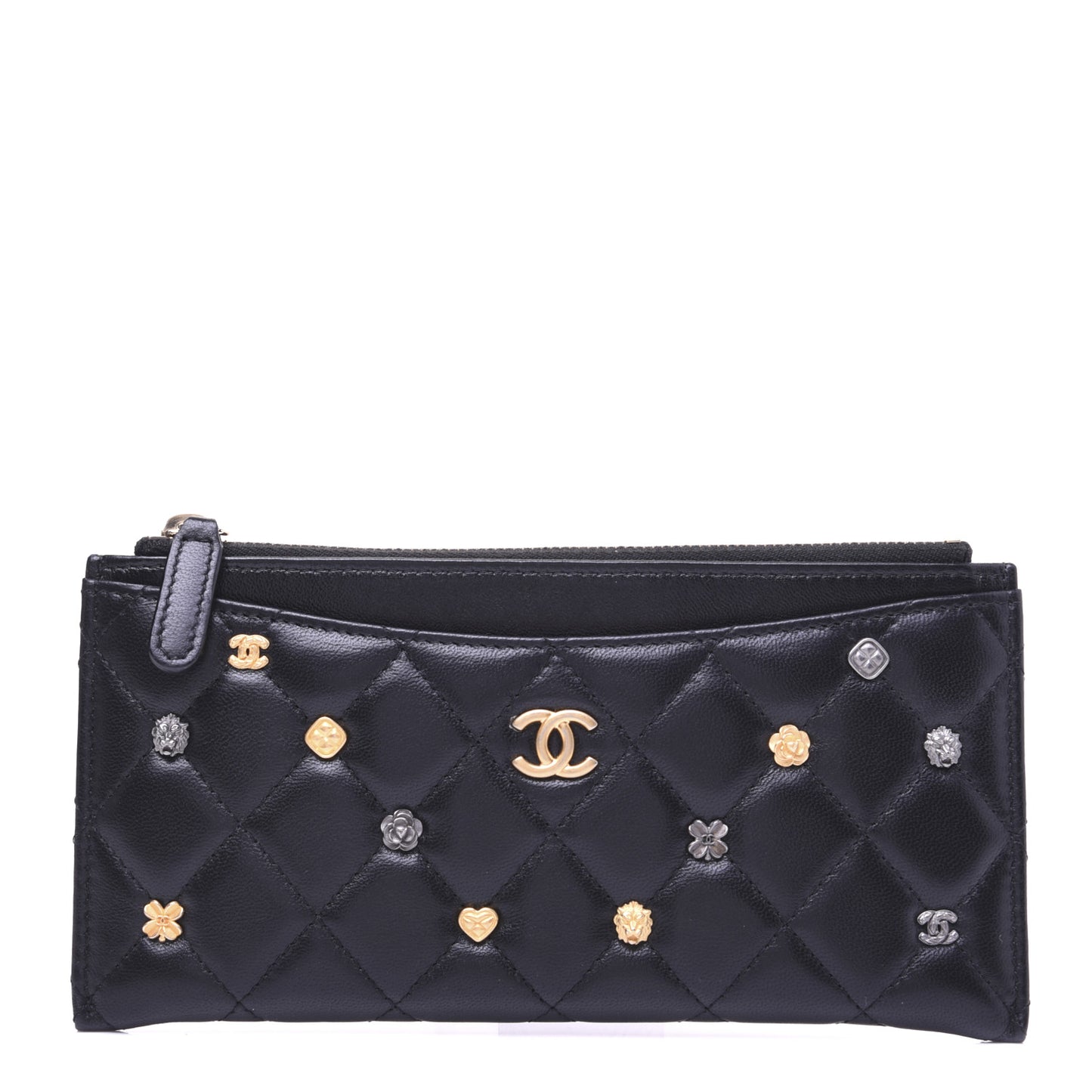 Lambskin Quilted Lucky Charms Classic Zip Pouch Black
