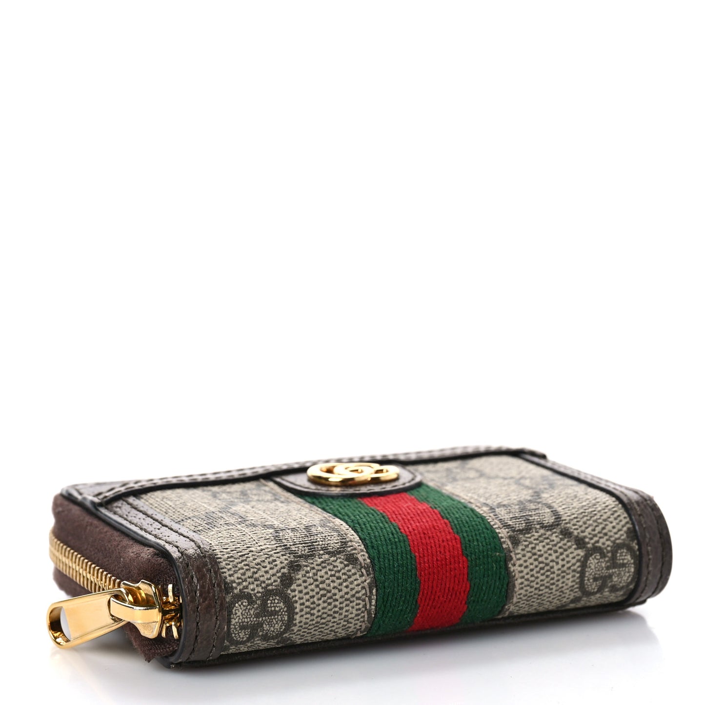 GG Supreme Monogram Textured Dollar Calfskin Web Ophidia Zip Around Card Case Wallet Beige Ebony New Acero