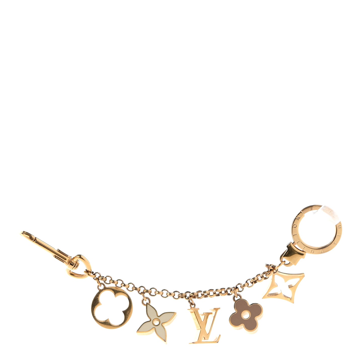 Brass Enamel Fleur De Monogram Bag Charm Chain Gold