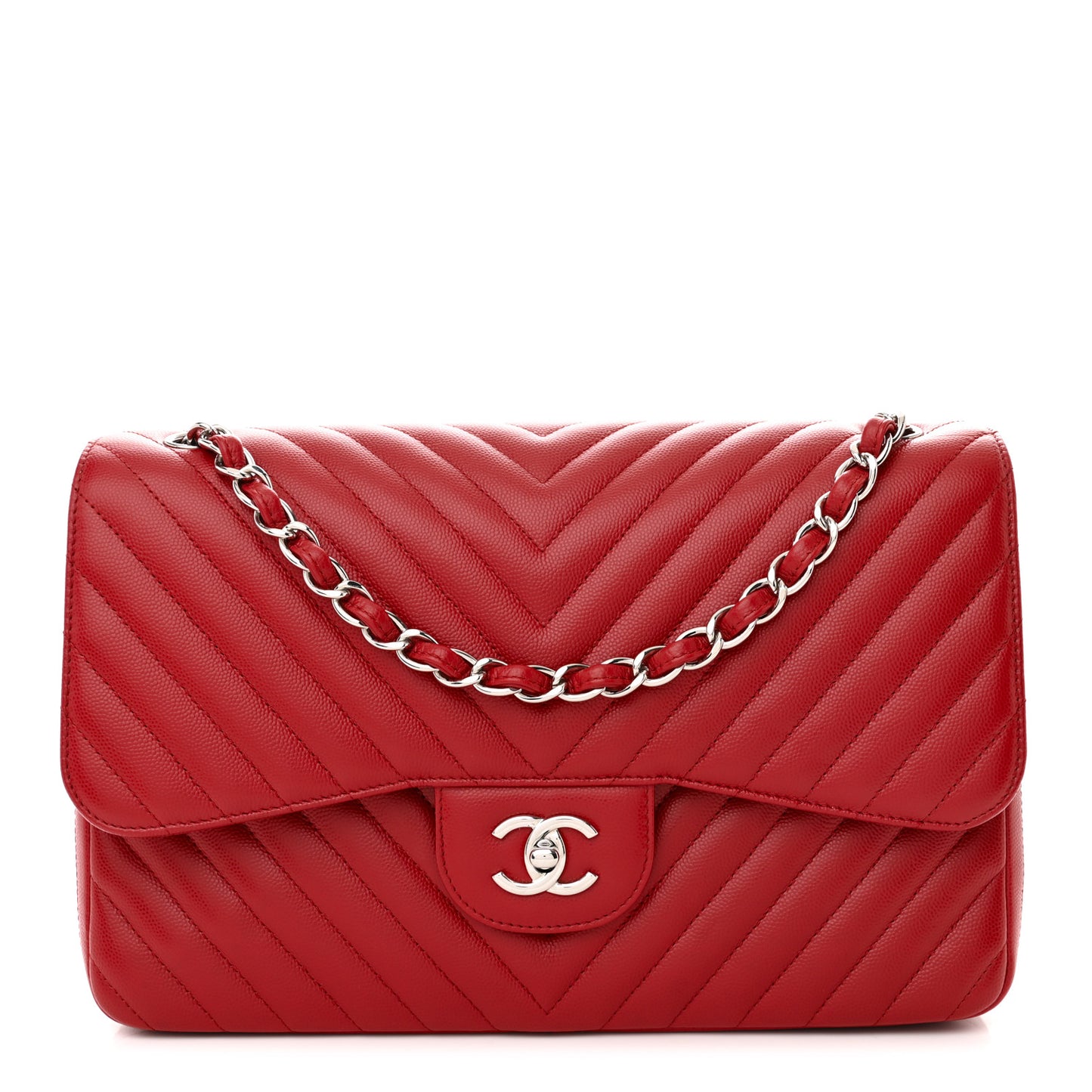 Caviar Chevron Quilted Jumbo Double Flap Dark Red