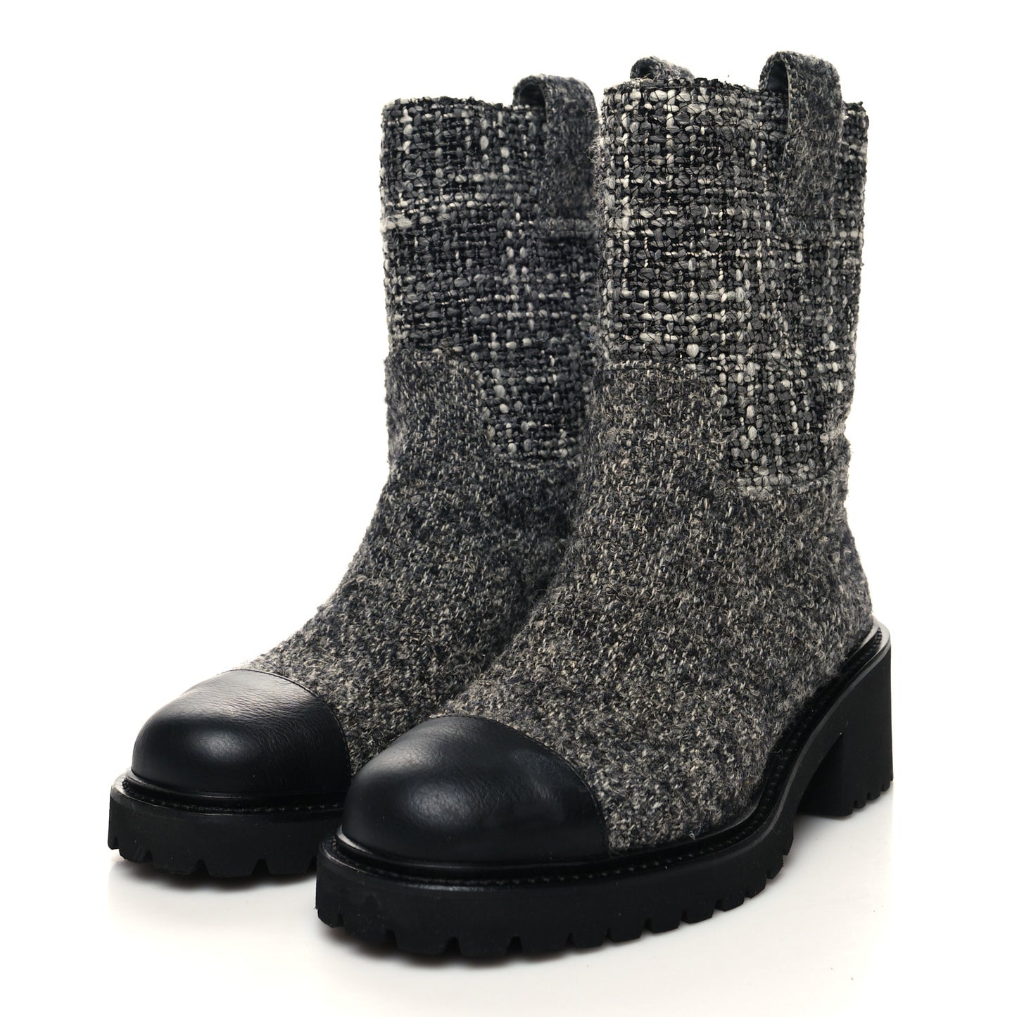 Wool Tweed CC Cap Toe Ankle Boots 36 Black Grey