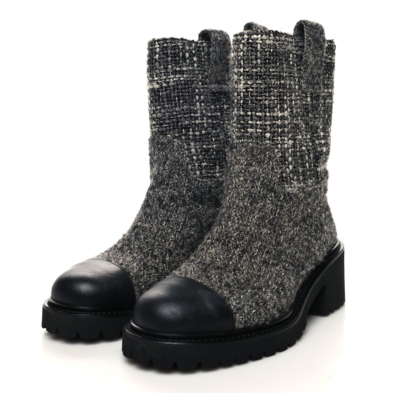 Chanel Wool Tweed CC Cap Toe Ankle Boots 36 Black Grey 3 of 11