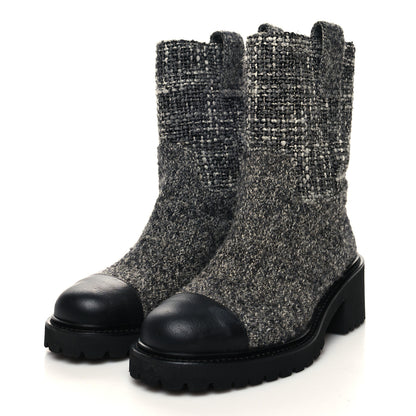 Chanel Wool Tweed CC Cap Toe Ankle Boots 36 Black Grey 3 of 11