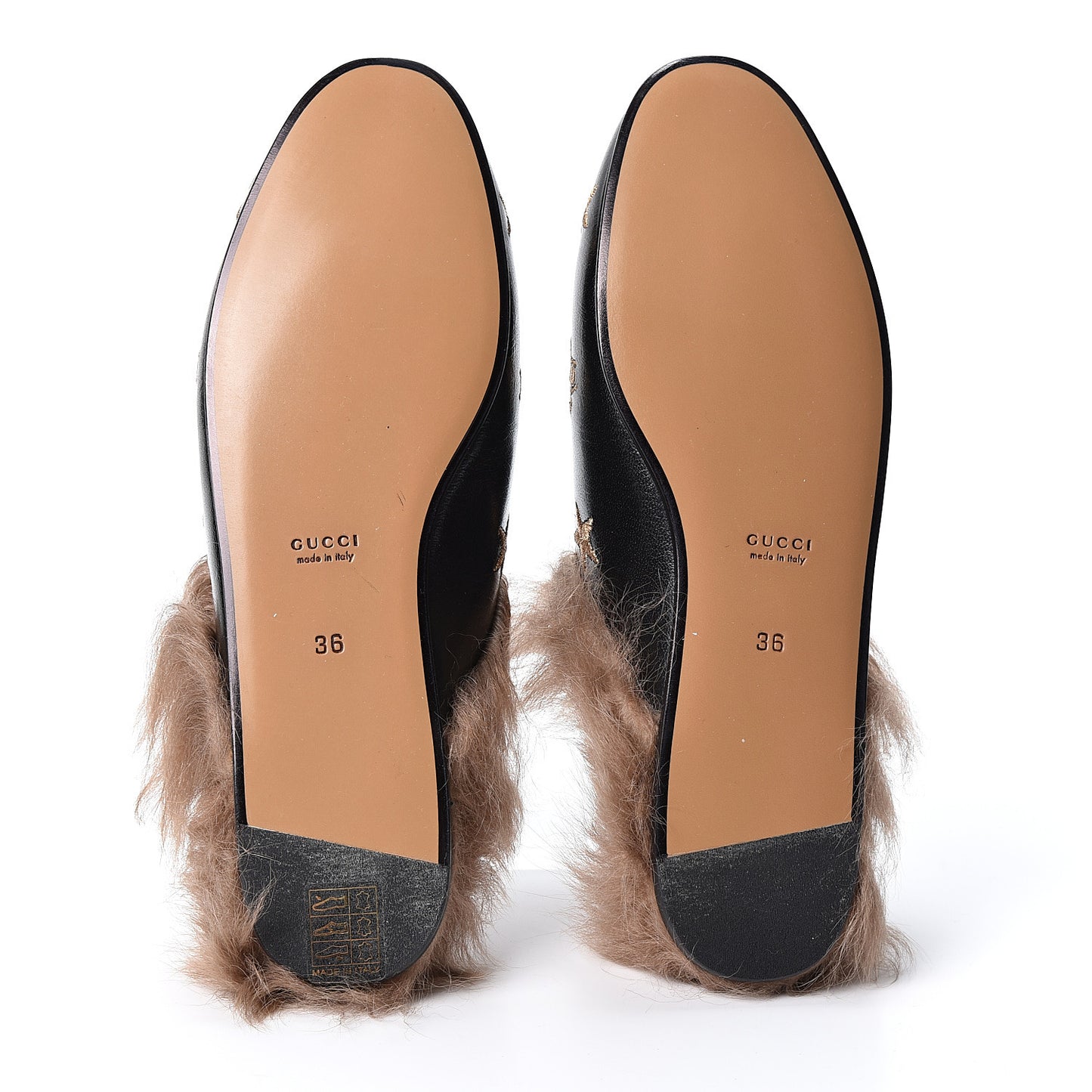 Goatskin Fur Bee Star Embroidered Womens Princetown Slippers 36 Black