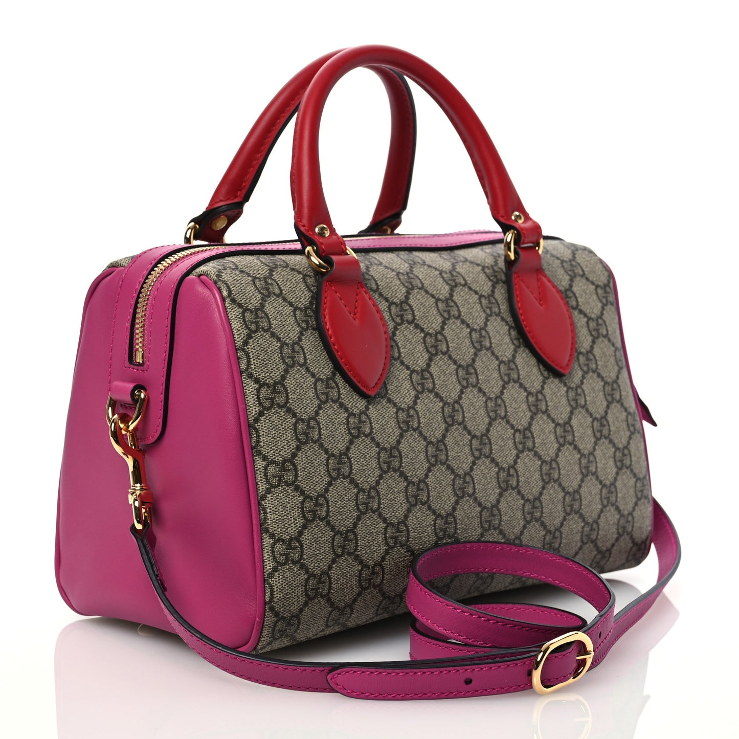 GG Supreme Monogram Moon Calfskin Small Boston Beige Ebony Hibiscus Red New Rosette