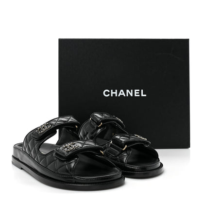 Chanel Lambskin Quilted Velcro Dad Chain CC Slide Sandals 38 Black 9 of 9