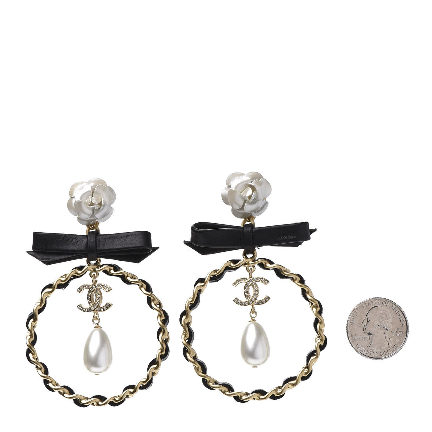 Calfskin Metal Pearl 90’s Camellia CC Hoop Earrings Gold Black