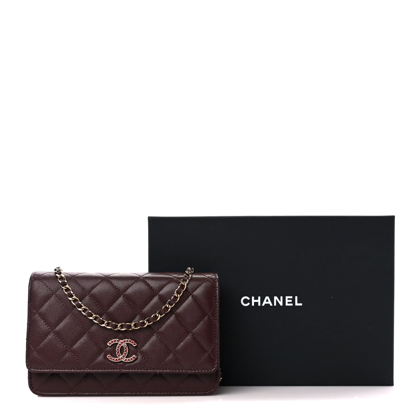 Shiny Caviar Quilted Strass Wallet On Chain WOC Bordeaux