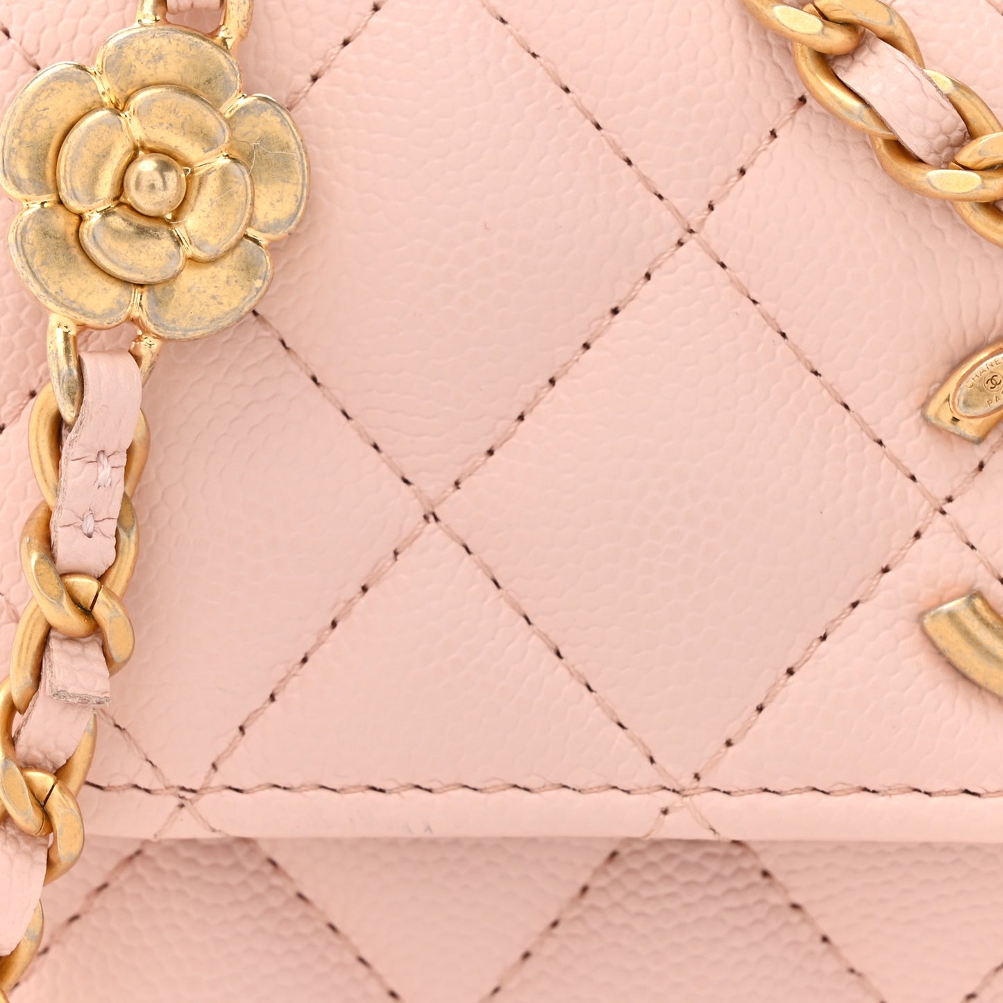 Caviar Quilted Camellia Phone Holder With Chain Light Pink
