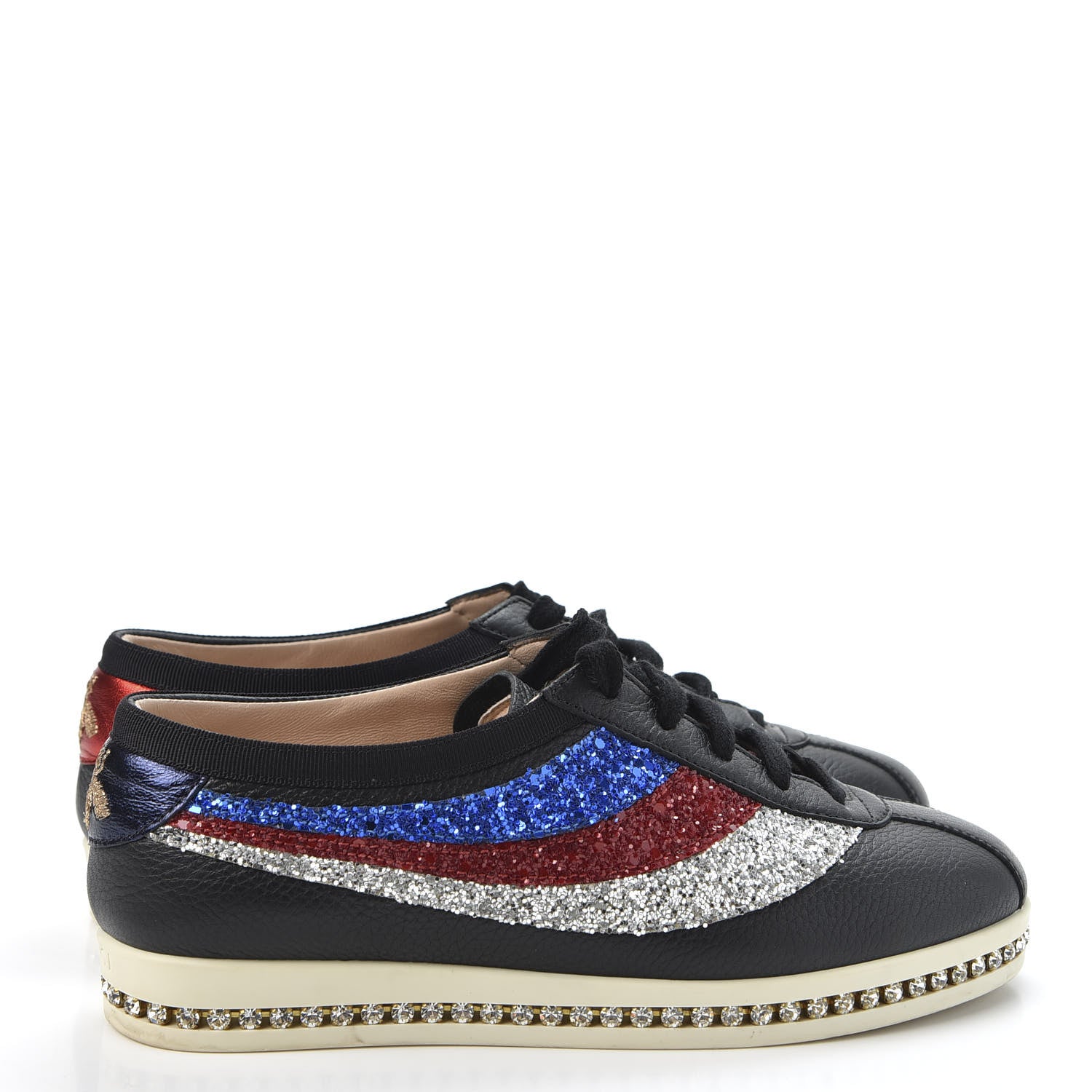 Gucci Calfskin Glitter Crystal Womens Sylvie Web Falacer Sneakers 35.5 Black 4 of 11