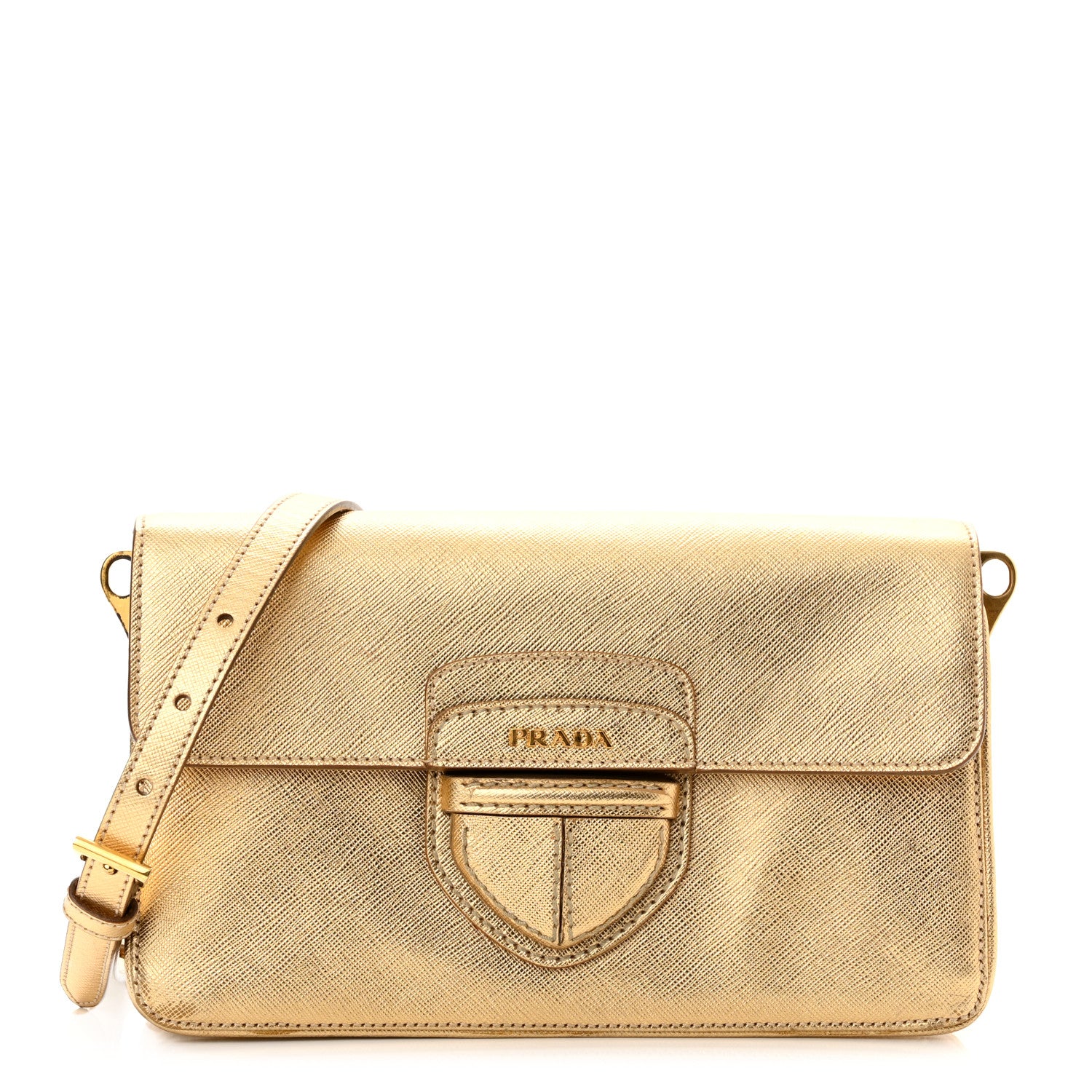 Prada Metallic Saffiano Pushlock Flap Crossbody Bag Gold 1 of 15