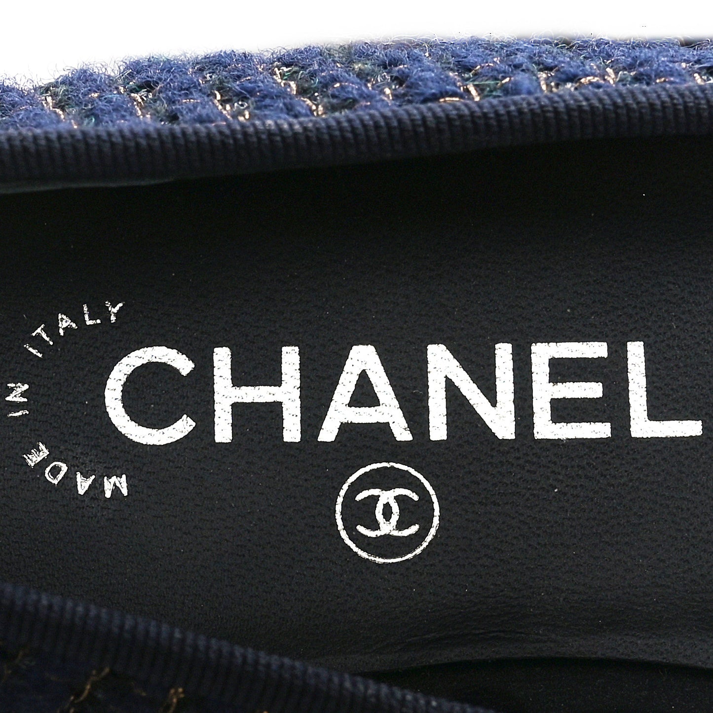 Cotton Tweed Grosgrain Cap Toe Ballerina Flats 37.5 Navy Gold Green