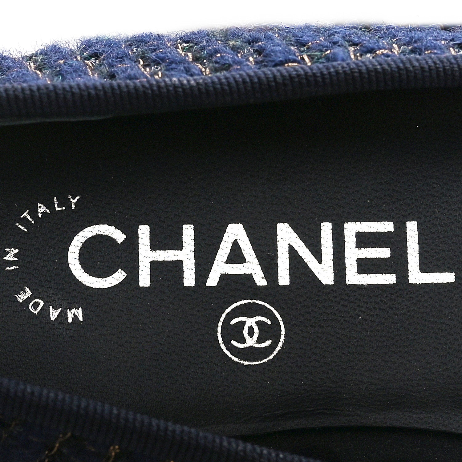 Chanel Cotton Tweed Grosgrain Cap Toe Ballerina Flats 37.5 Navy Gold Green 6 of 7