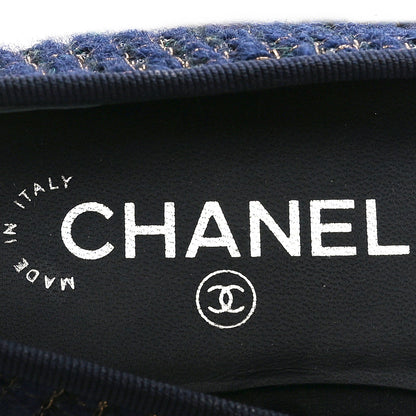 Chanel Cotton Tweed Grosgrain Cap Toe Ballerina Flats 37.5 Navy Gold Green 6 of 7