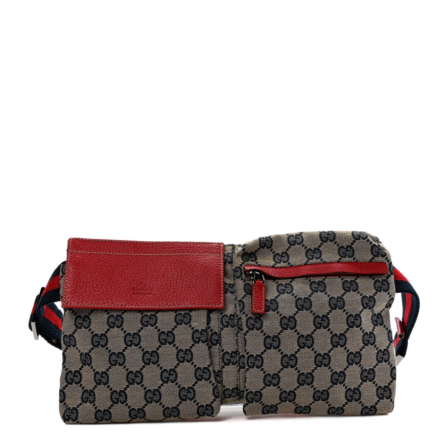 Gucci GG Monogram Web Double Pocket Belt Bag Navy Red 1 of 9