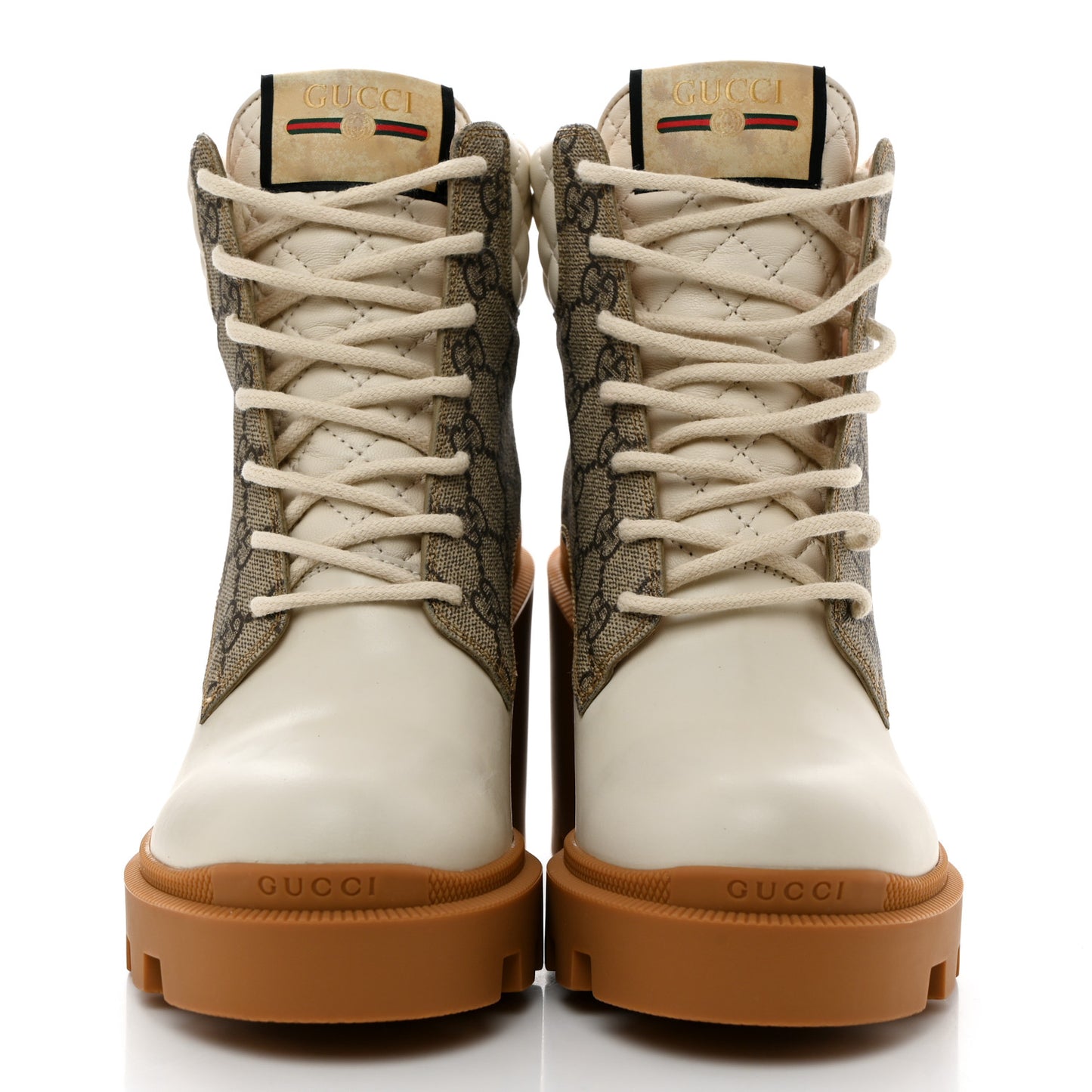 Calfskin GG Supreme Monogram Nappa Quilted Lace Up Ankle Boots 36.5 Mystic White Beige