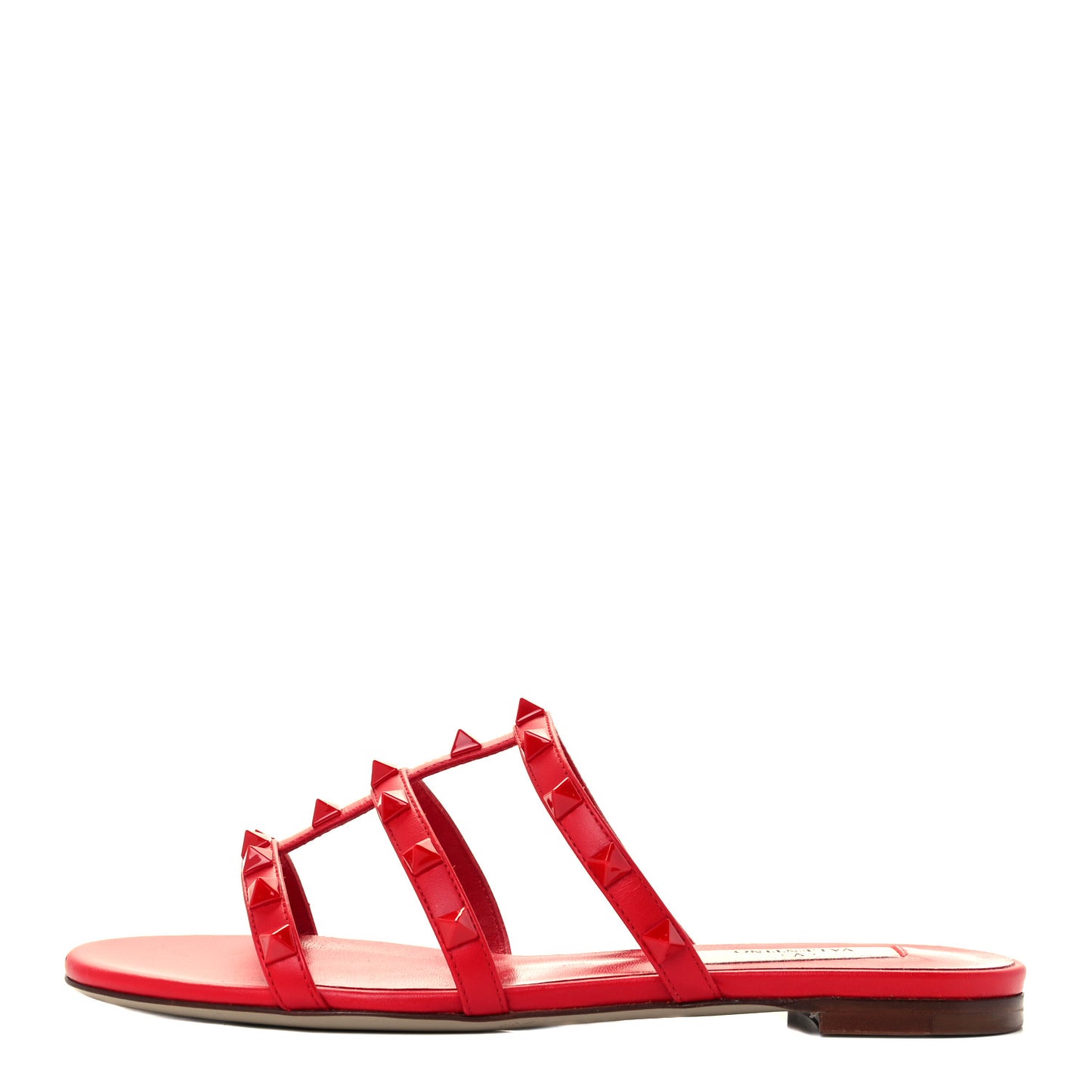 Calfskin Monochrome Rockstud Caged Flat Slide Sandals 35 Rouge Pur