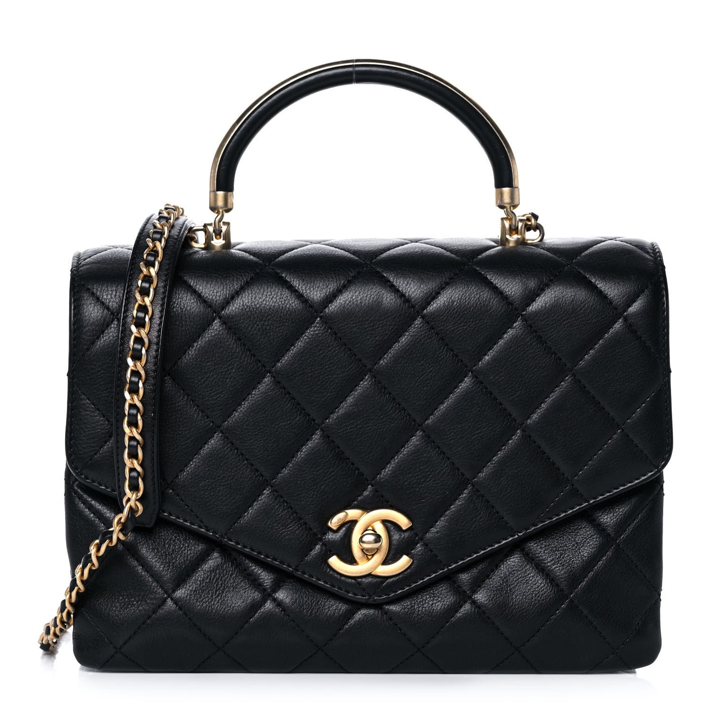 Calfskin Quilted Small Gold Top Handle Flap Black
