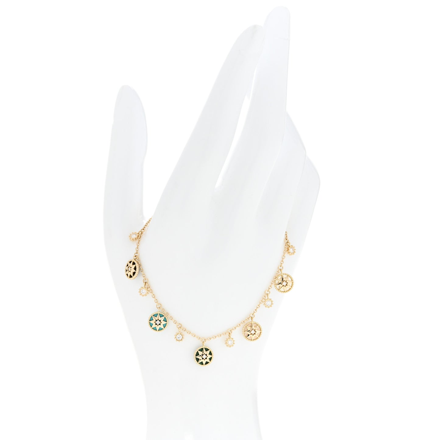 18K Yellow Gold Diamond Mother of Pearl Multi Gemstone Rose Des Vents Charm Bracelet
