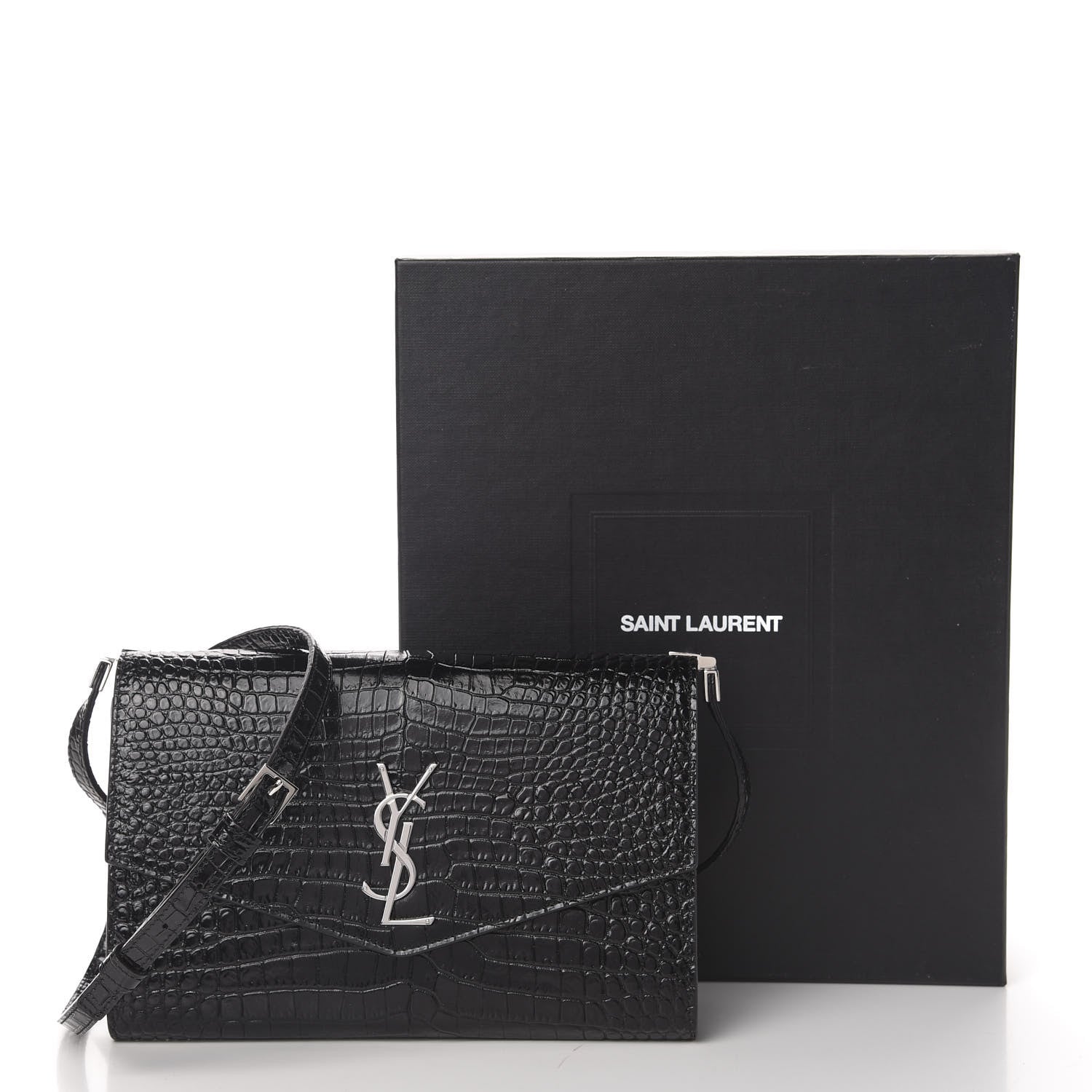 Saint Laurent Calfskin Crocodile Embossed Monogram Uptown Crossbody Black 10 of 10