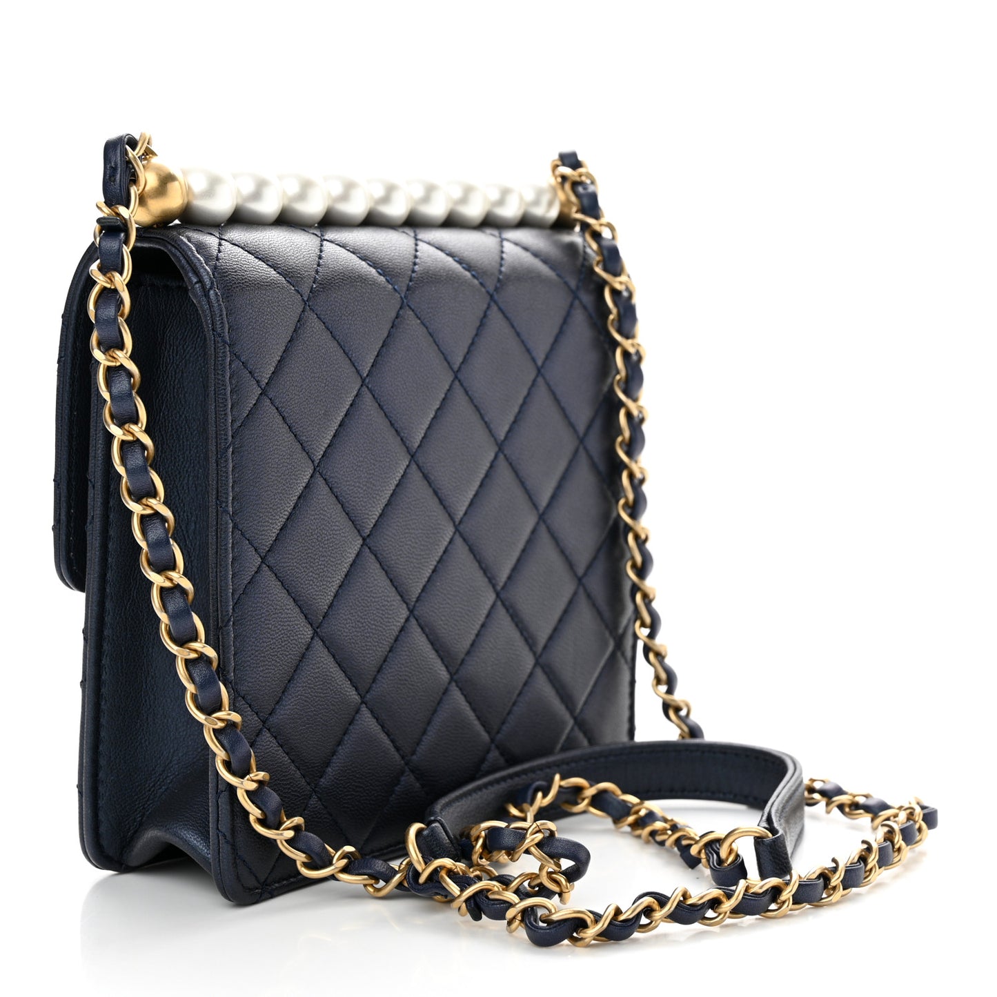 Iridescent Lambskin Quilted Chic Pearls Flap Navy Blue
