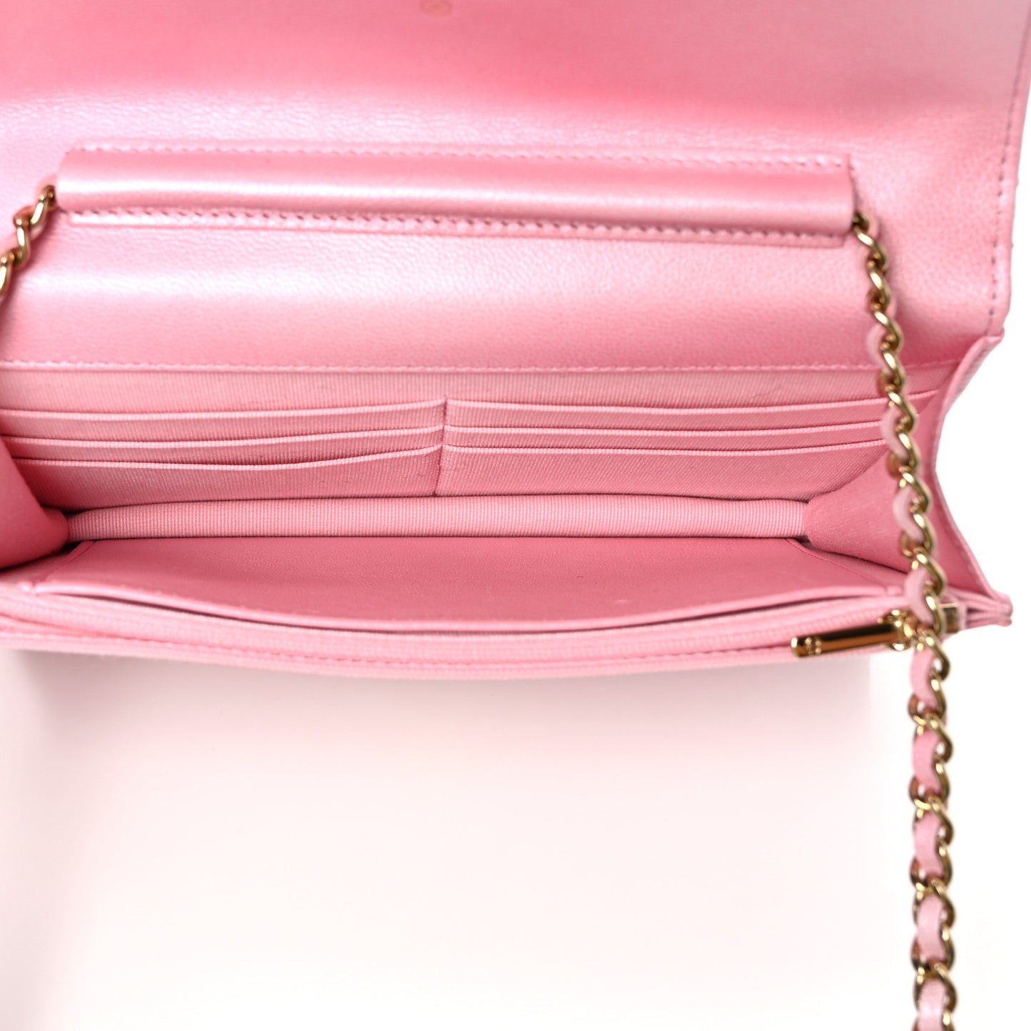 Cloudy Pearly Goatskin Quilted Wallet on Chain WOC Light Pink