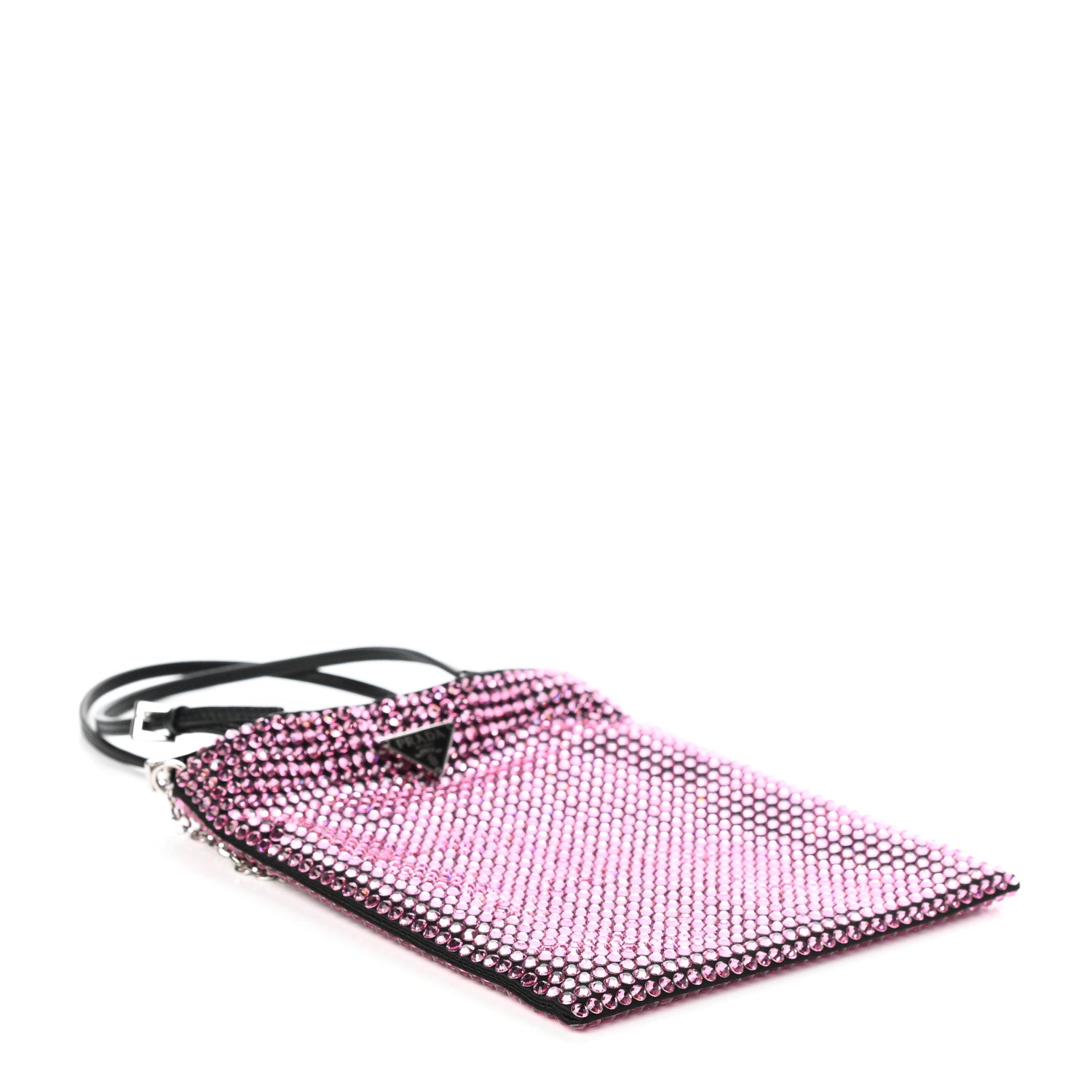 Prada Satin Crystal Metal Triangle Logo Chain Crossbody Handbag Rosa 4 of 9