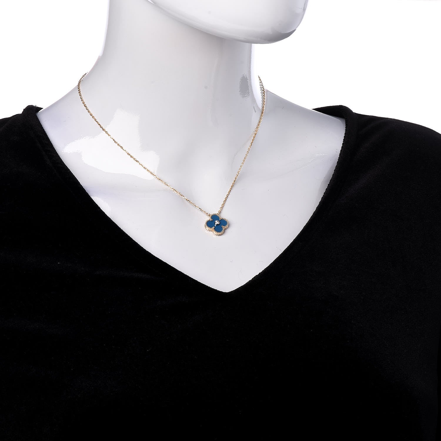 Van Cleef & Arpels 18K Yellow Gold Diamond Celestial Blue Sevres Porcelain Vintage Alhambra Pendant Necklace 2 of 9