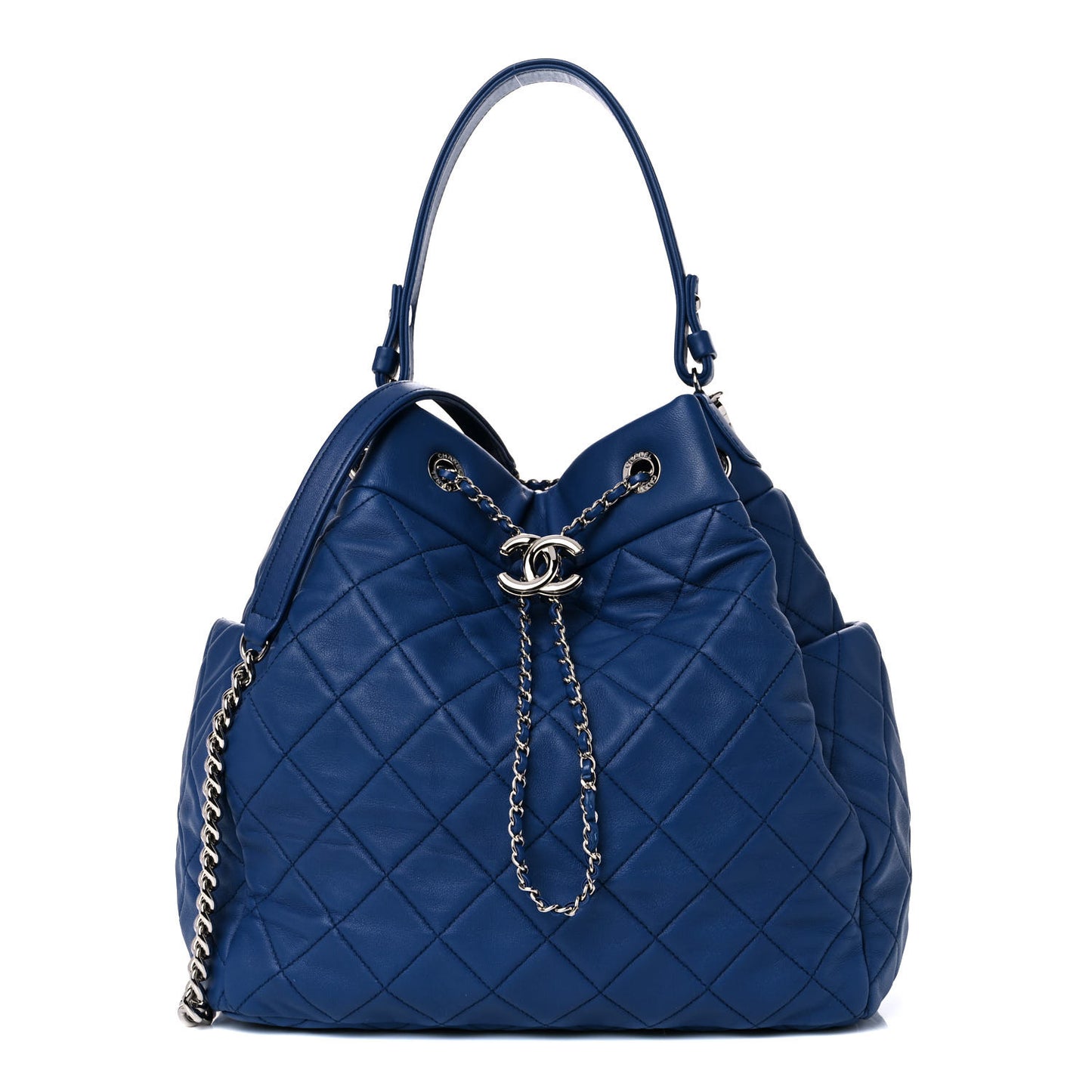 Lambskin Quilted CC Chain Bucket Drawstring Bag Blue