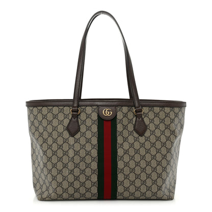 Gucci GG Supreme Monogram Textured Calfskin Web Medium Ophidia Shopping Tote Beige Ebony New Acero 1 of 23