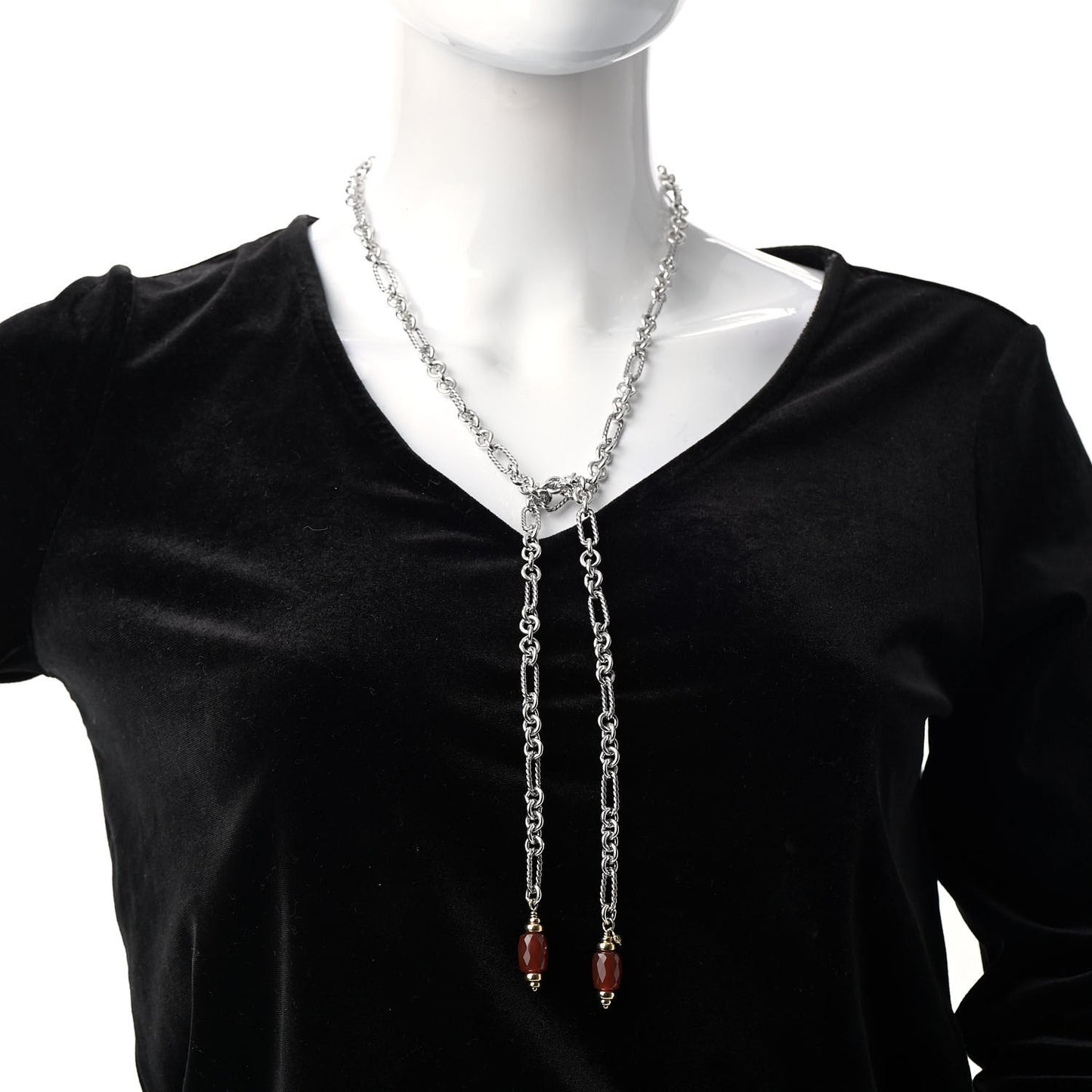 Sterling Silver 18K Yellow Gold Carnelian Figaro Bijoux Lariat Necklace