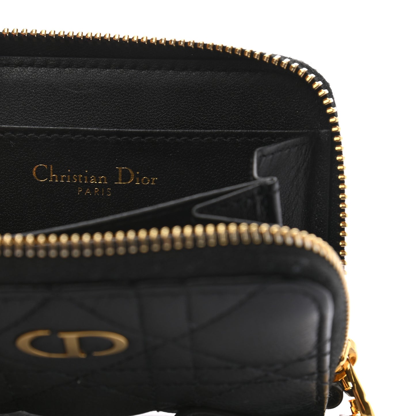 Grained Calfskin Supple Cannage Caro Compact Zip Card Wallet Black