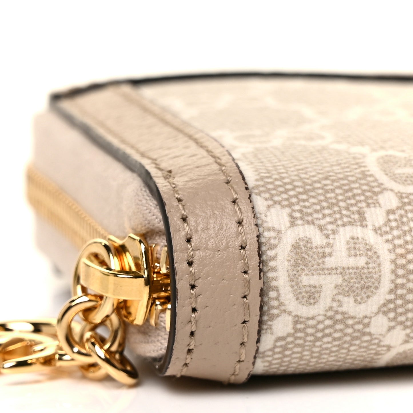 GG Supreme Monogram Textured Dollar Calfskin Web Ophidia Zip Around Wallet Beige Mystic White Oatmeal