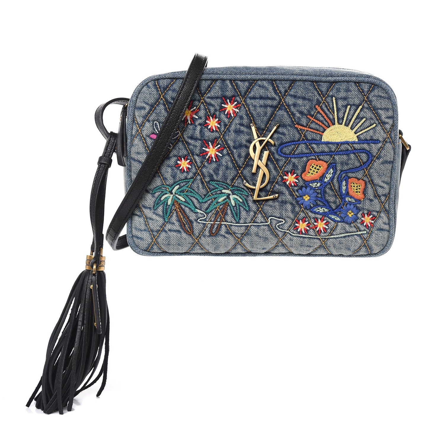 Denim Matelasse Quilted Summer Embroidered Classic Monogram Camera Bag Blue