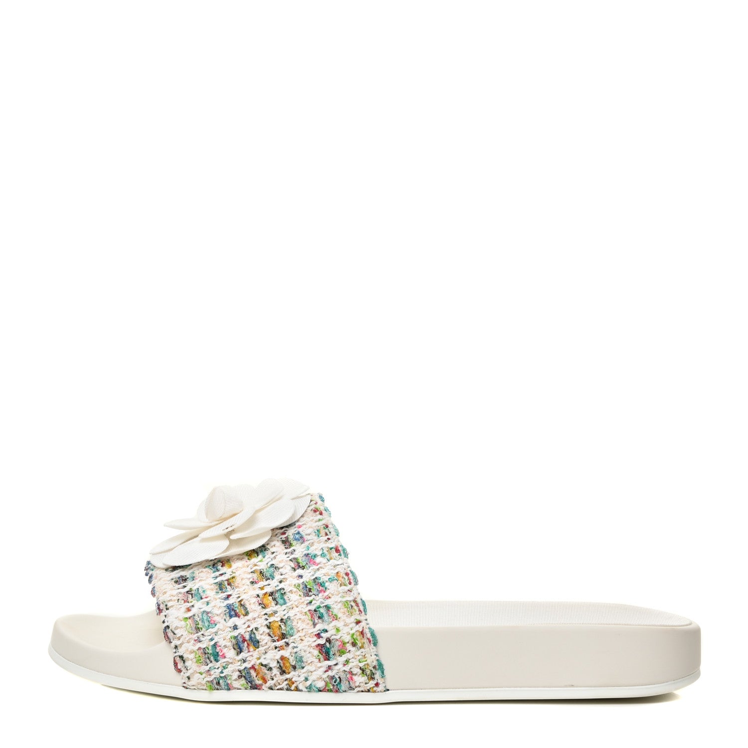 Chanel Tweed Grosgrain Camellia CC Flat Mules 41 Ecru Green Ivory 1 of 13