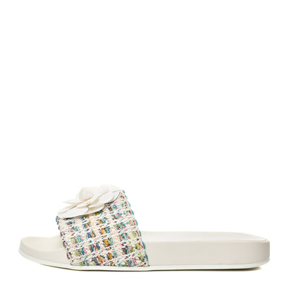 Chanel Tweed Grosgrain Camellia CC Flat Mules 41 Ecru Green Ivory 1 of 13