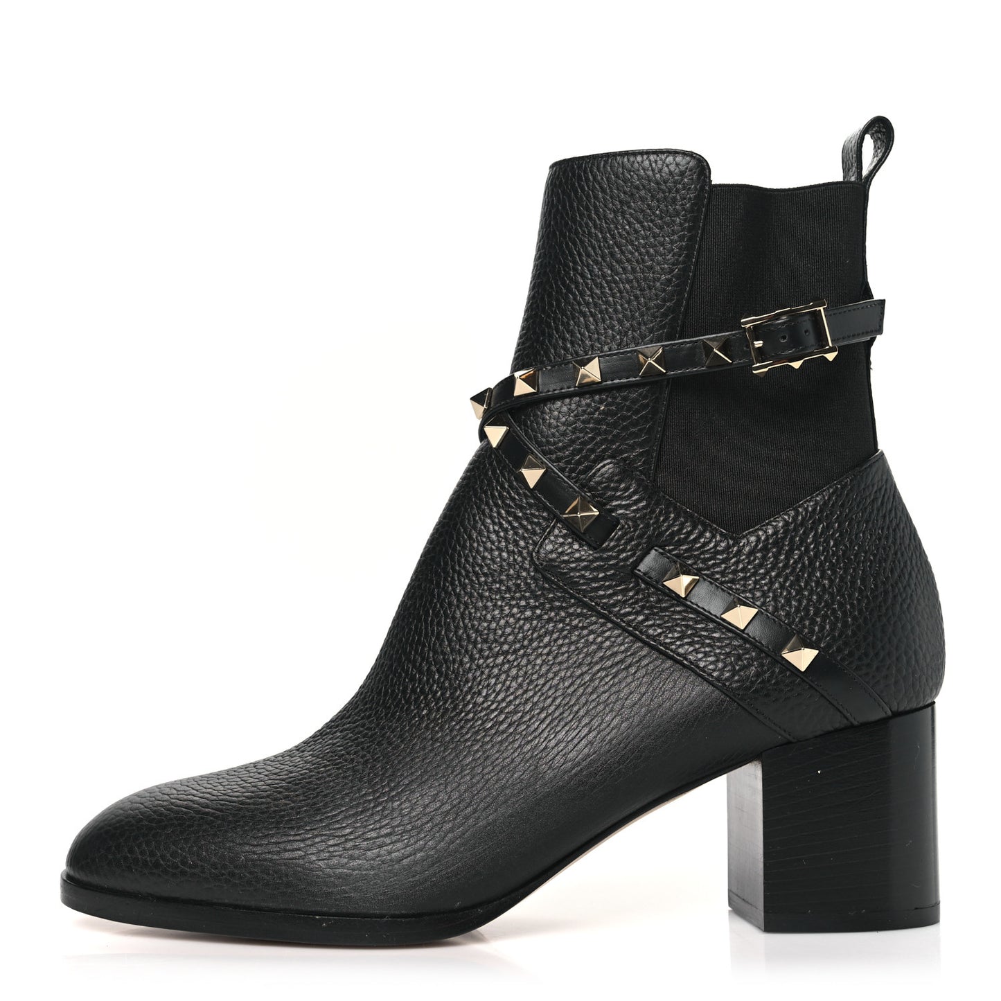 Pebbled Calfskin Rockstud Double Buckle 70mm Block Heel Ankle Boots 39.5 Black