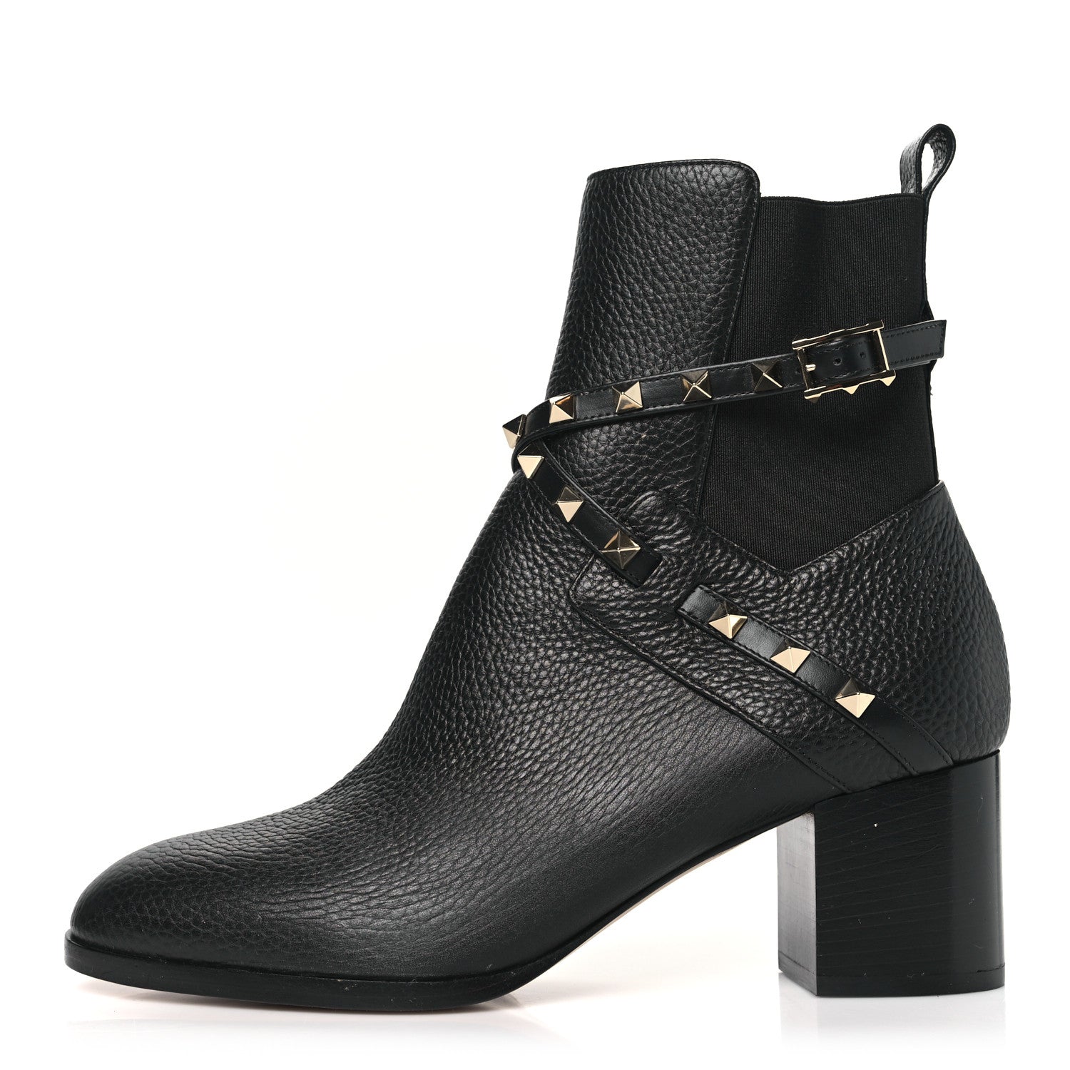 Valentino Garavani Pebbled Calfskin Rockstud Double Buckle 70mm Block Heel Ankle Boots 39.5 Black 1 of 8