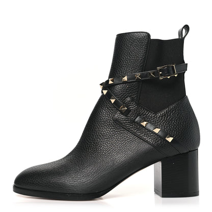 Valentino Garavani Pebbled Calfskin Rockstud Double Buckle 70mm Block Heel Ankle Boots 39.5 Black 1 of 8