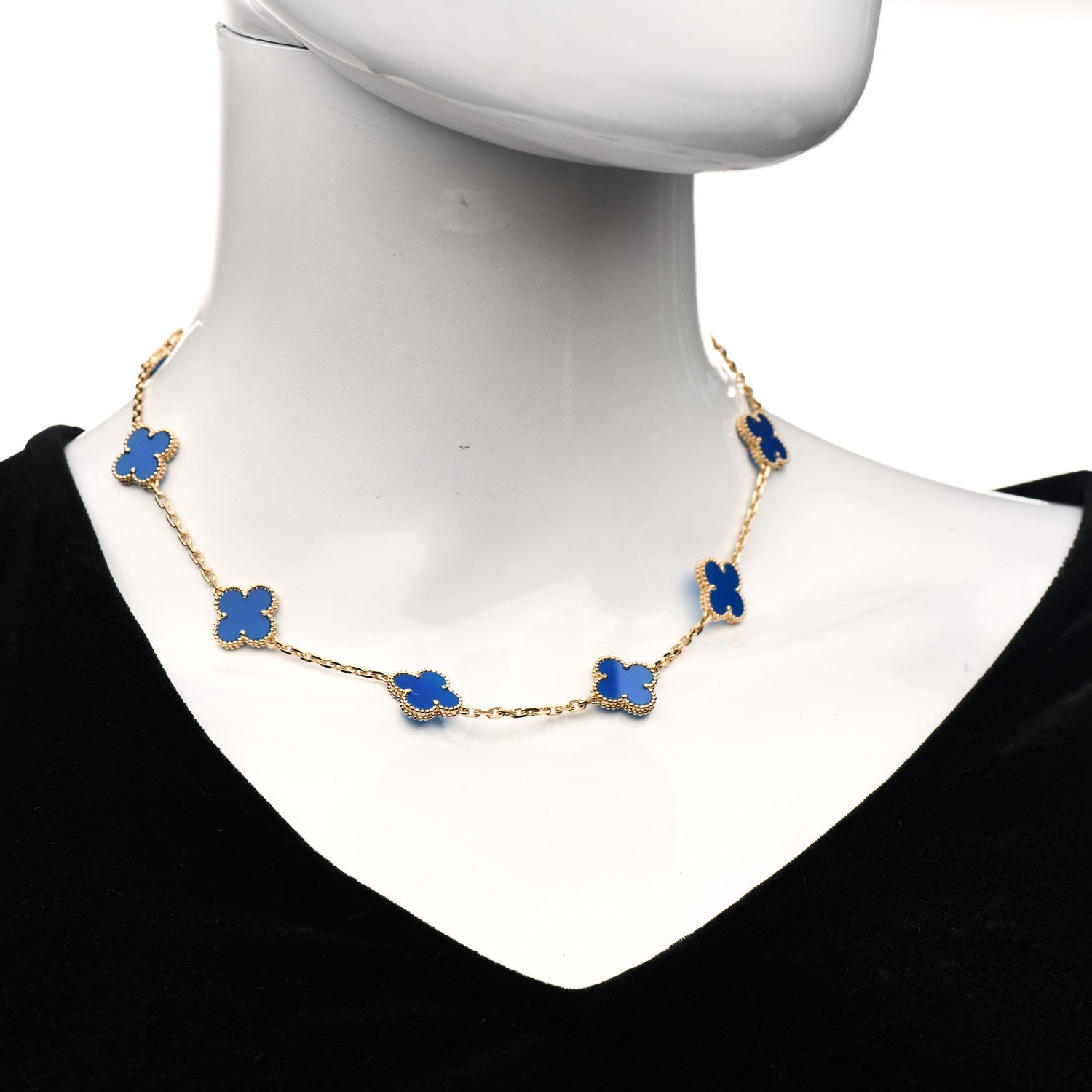 Van Cleef & Arpels 18K Yellow Gold Blue Agate 10 Motifs Vintage Alhambra Necklace 2 of 7