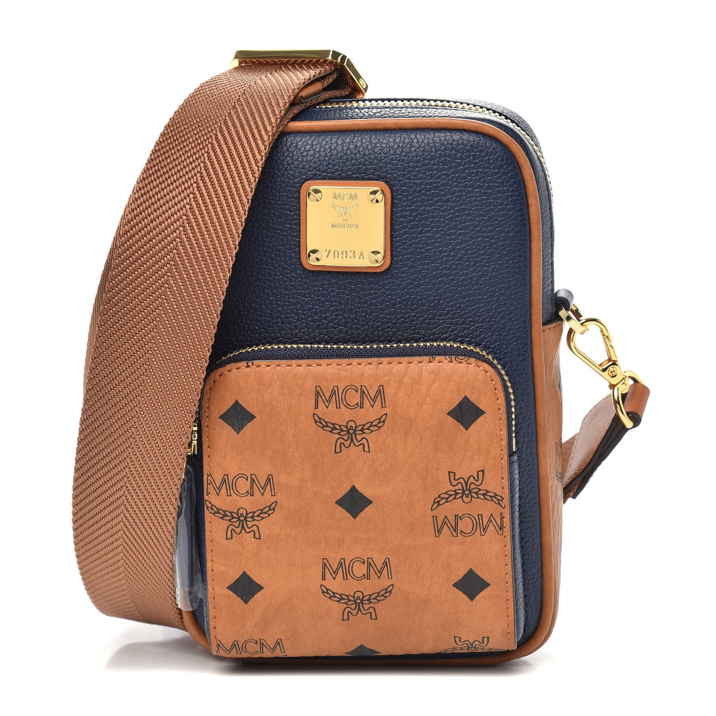 Visetos Grained Calfskin Tech Crossbody Cognac Navy