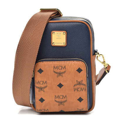 MCM Visetos Grained Calfskin Tech Crossbody Cognac Navy 1 of 8