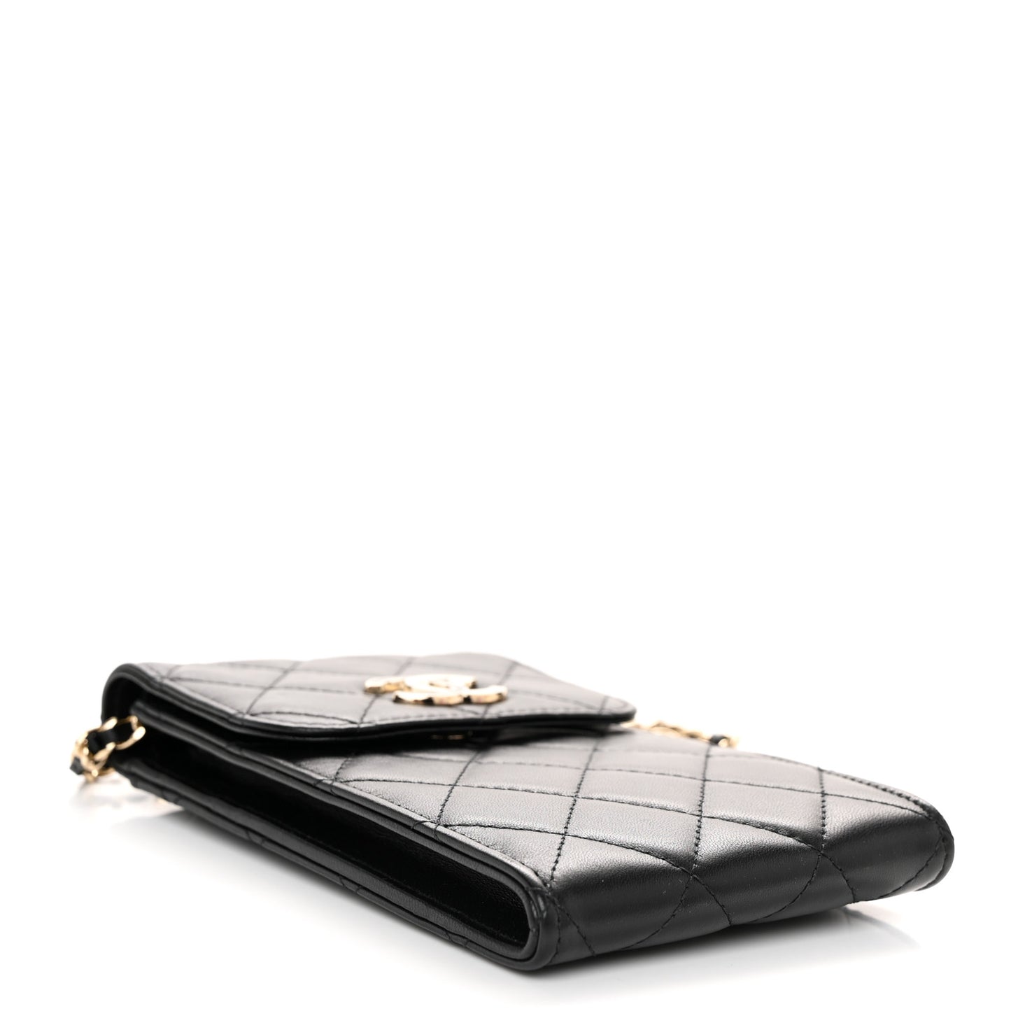Lambskin Enamel Quilted Phone Holder With Chain Black